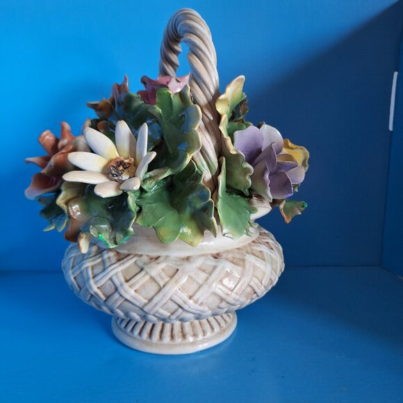 Vintage Capodimonte Centerpiece Pink Yellow Blue Lavender Flower Basket / Italy - Picture 2 of 8